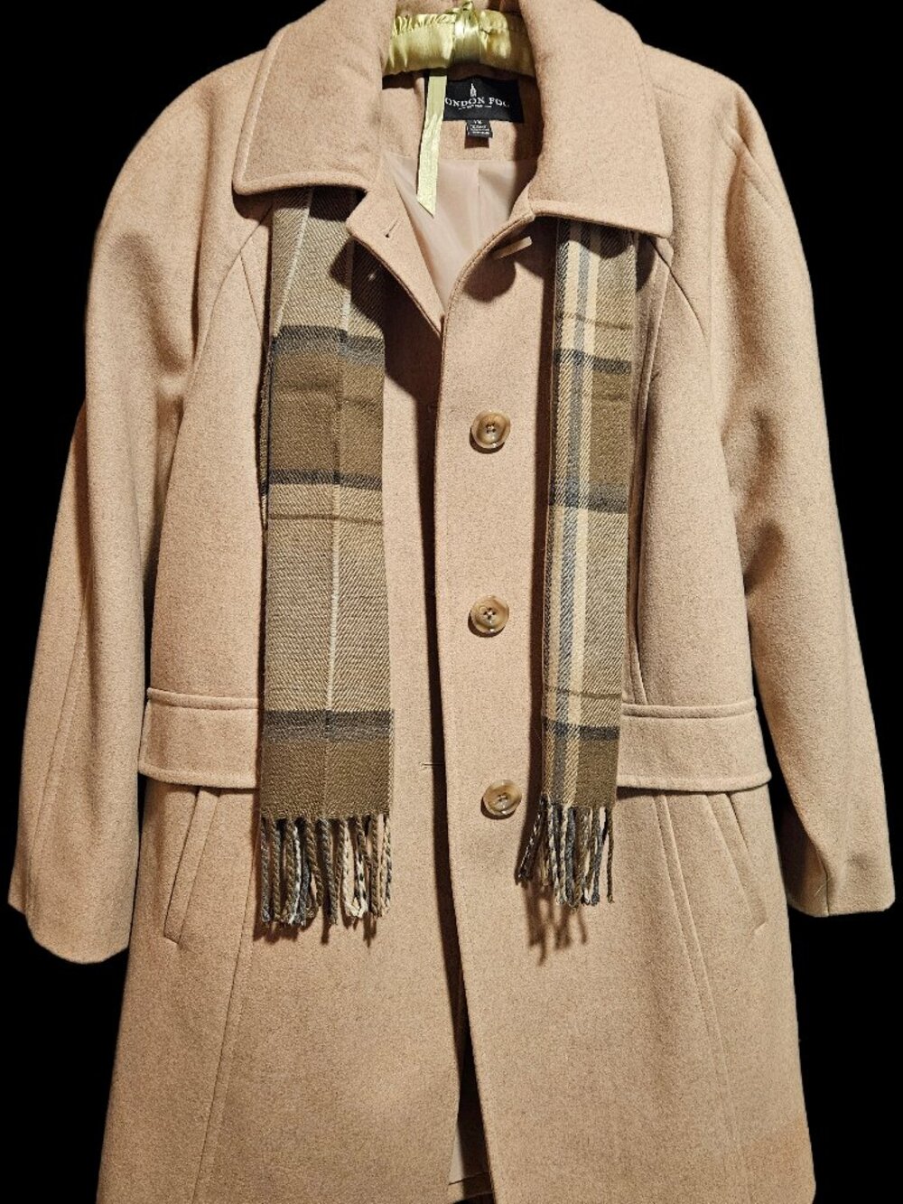 London Fog Womens Size 1X Tan Wool Blend Pea Coat Like New With Scarf, Pockets
